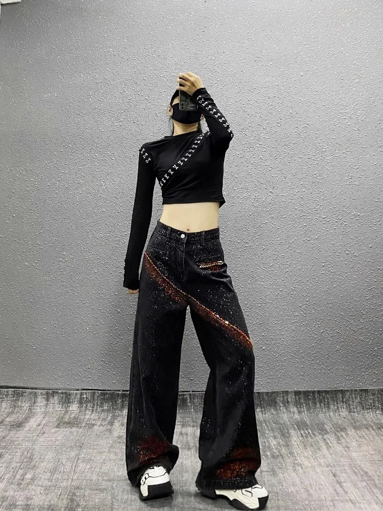 

Джинсы High Street для женщин Новые повседневные брюки Tie Dye Nail Bead Rhinestone Прямые свободные широкие брюки Черные джинсовые брюки