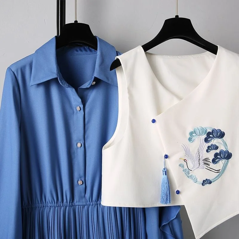 Chaleco bordado de estilo chino para primavera y otoño para mujer, vestido Midi azul, conjunto de 1 o dos piezas, elegante vestido Retro con borlas, traje
