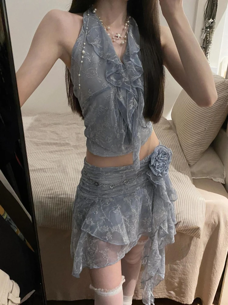 Summer Two Pieces Set Summer Halter Print Slim Sweet Ruffled Vest + Women Y2k Aesthetic Streetwear 3D Flower Grunge Mini Skirts