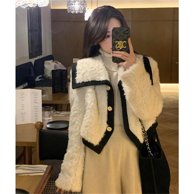 White Large Lapel Small Fragrant Style plush coat Autumn And Winter Thickened Short Velvet Plush Top Lamb Wool Coat Plush Coat