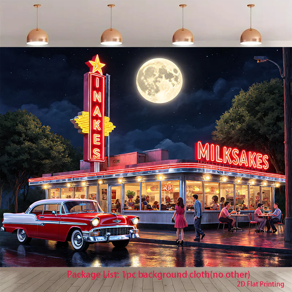 Retro Diner Night Tapestry, Vintage Red Car Moonlight Wall Hanging for Living Room Bedroom Decor, Nostalgic Art Gift