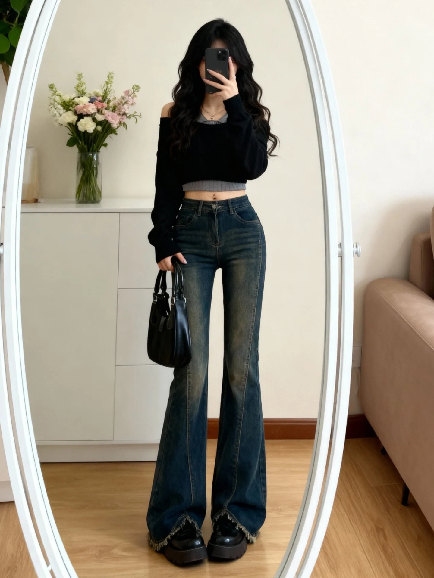 Jean rétro bleu doublé en Fce pour femme, taille haute, cloche Bot, grande taille, amincissant, couvrant les hanches, pantalon évasé élastique, automne hiver