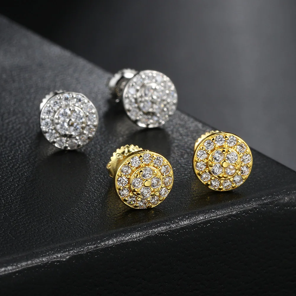 Male HipHop Full White Zircon Round Stud Earrings For Men Women Antique Gold Silver Color Small Screw Back Earring Party Jewelry