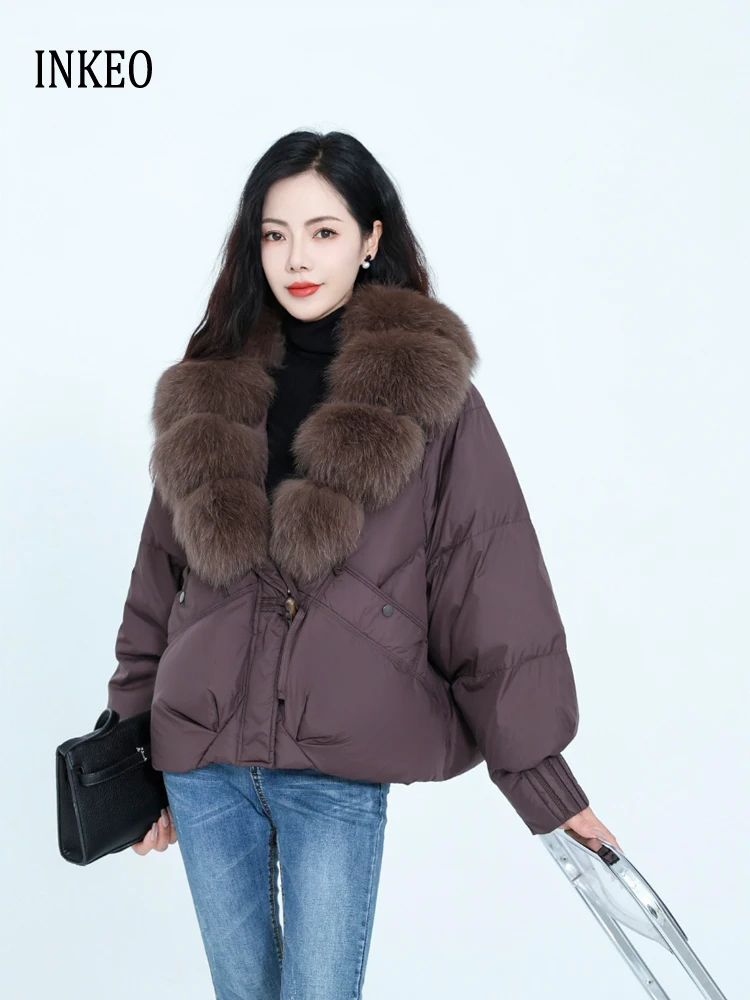 سترة نسائية فاخرة بياقة من الفرو الحقيقي للشتاء الدافئ 2026 معطف منتفخ قصير عالي الجودة ملابس خارجية كبيرة الحجم للسيدات INKEO DJ630
