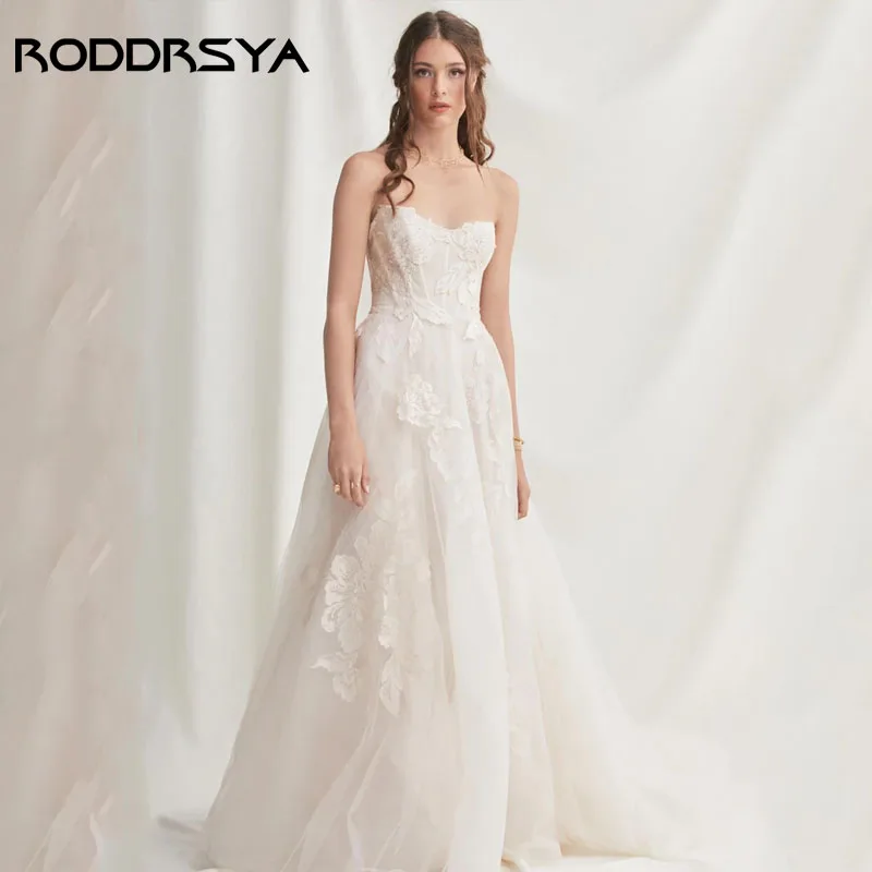 

RODDRSYA Strapless Wedding Dress Sweetheart Applique Tulle Bridal Gown Lace Sweep Train A-Line Robe de mariée Customize