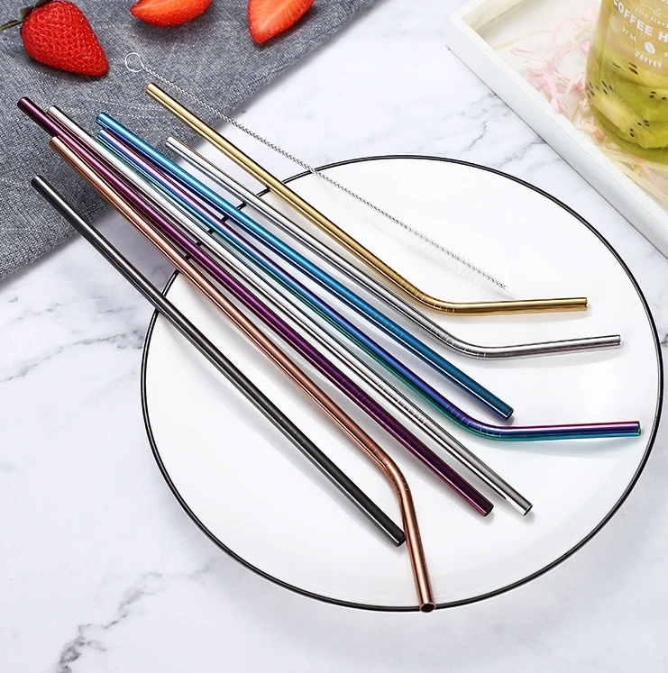 6pcs Metal Reusable 304 Stainless Steel Straws Straight Bent Drinking Straw With Case Cleaning Brush Set Party Bar accessory