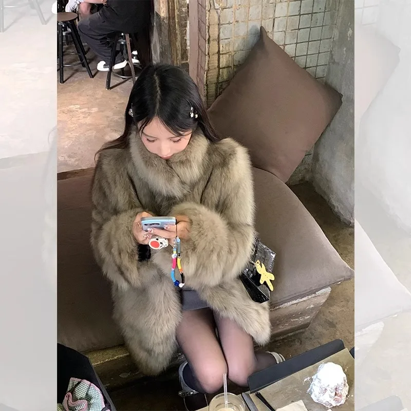 Women Faux Fur Coats Solid Fluffy Jacket Thick Stand Collar Long Sleeve Covered Button Mid Lenth Loose Casual 2025 Autumn Winter