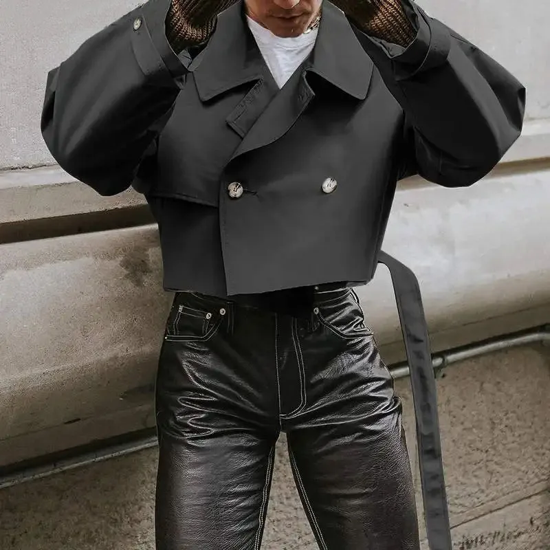 جاكيت رجالي بطية صدر أحادية اللون ، كم طويل ، فضفاض ، معاطف قصيرة للذكور ، كاجوال ، ريترو ، رائج ، ملابس الشارع مع حزام ، الموضة #6