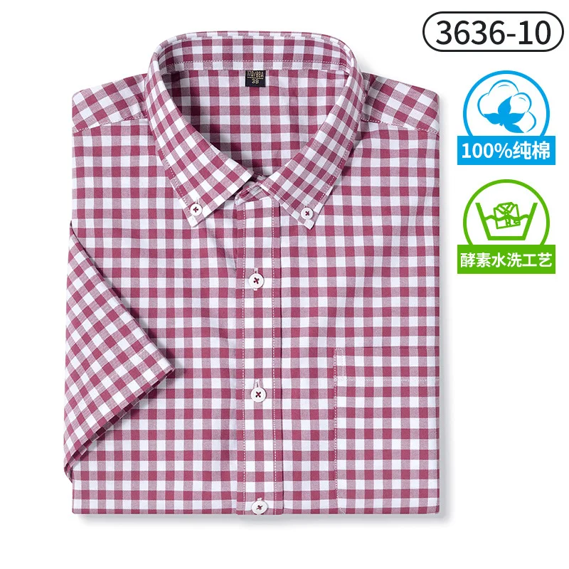 Men\'s short sleeve shirt Summer 100% cotton Oxford textile Business casual high quality breathable wear free fashion plaid