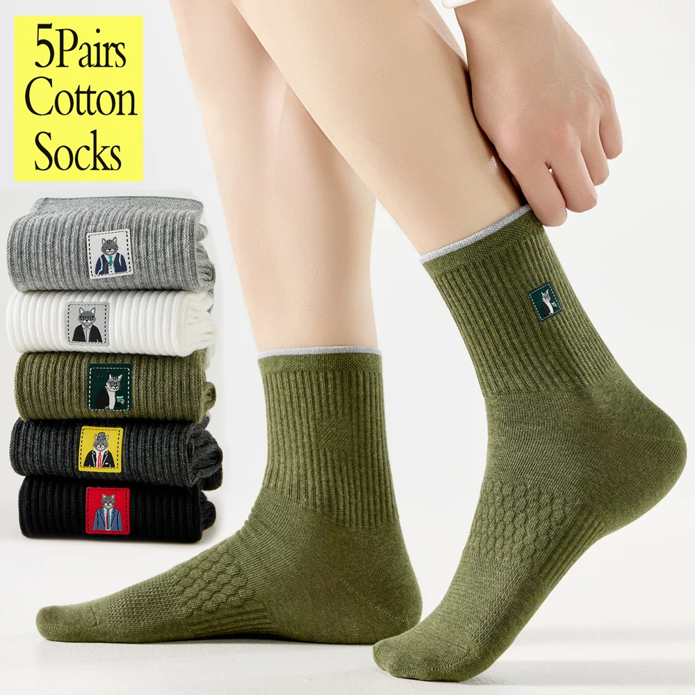 5 Pairs Men's Cartoon Cat Mid-Crew Socks Cotton Anti-Odor Arch Support Breathable Seamless Toe for Casual/Sports