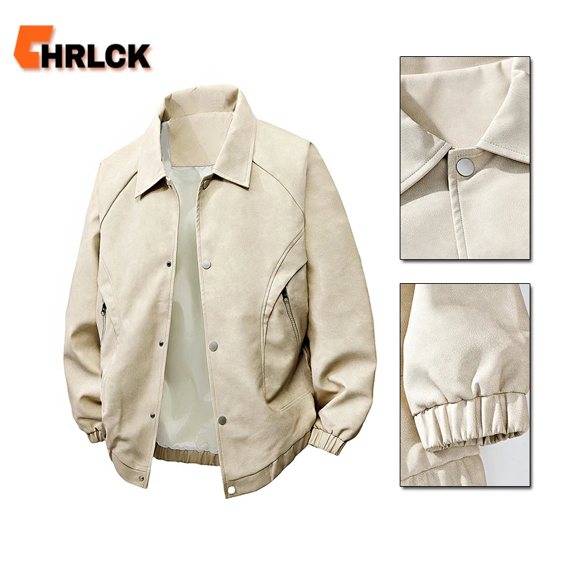 

CHRLCK Мужская повседневная свободная куртка из искусственной кожи больших размеров, весенняя уличная корейская куртка с лацканами, осенняя уличная стильная повседневная куртка