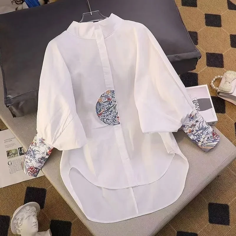 

Korean Women Stand Collar Blouse Spring Autumn Femme Long Sleeves Casual Tops Coat Lady Fashion Patchwork Shirts Outwear