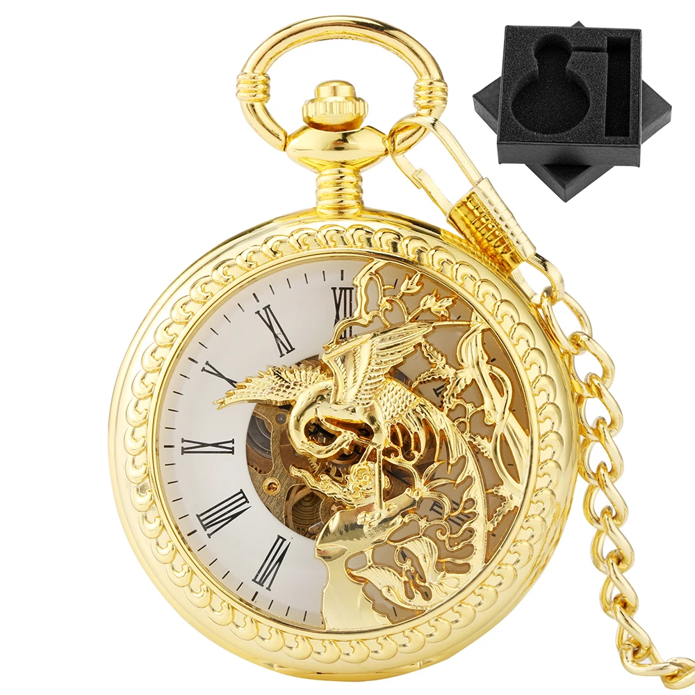 

Gold Phoenix Hollow Mechanical Pocket Watch Fob Chain Classic Roman Numerals Dial Half Hunter Pendant Manual Mechanical Clock