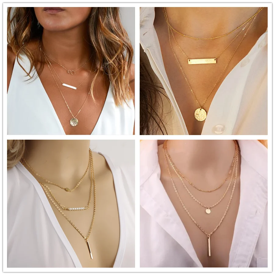 Leslie Trendy Gold Color Geometric Round Coins Bar Necklace For Women Vintage Asymmetrical Multi Layer Choker Necklace Jewelry