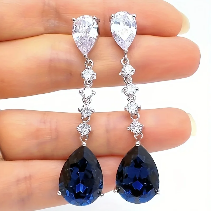 Vintage Long Pendant Earring Pear Shaped Cut Transparent Blue Color Cubic Synthetic Zirconia Pendant Elegant Jewelry Accessories