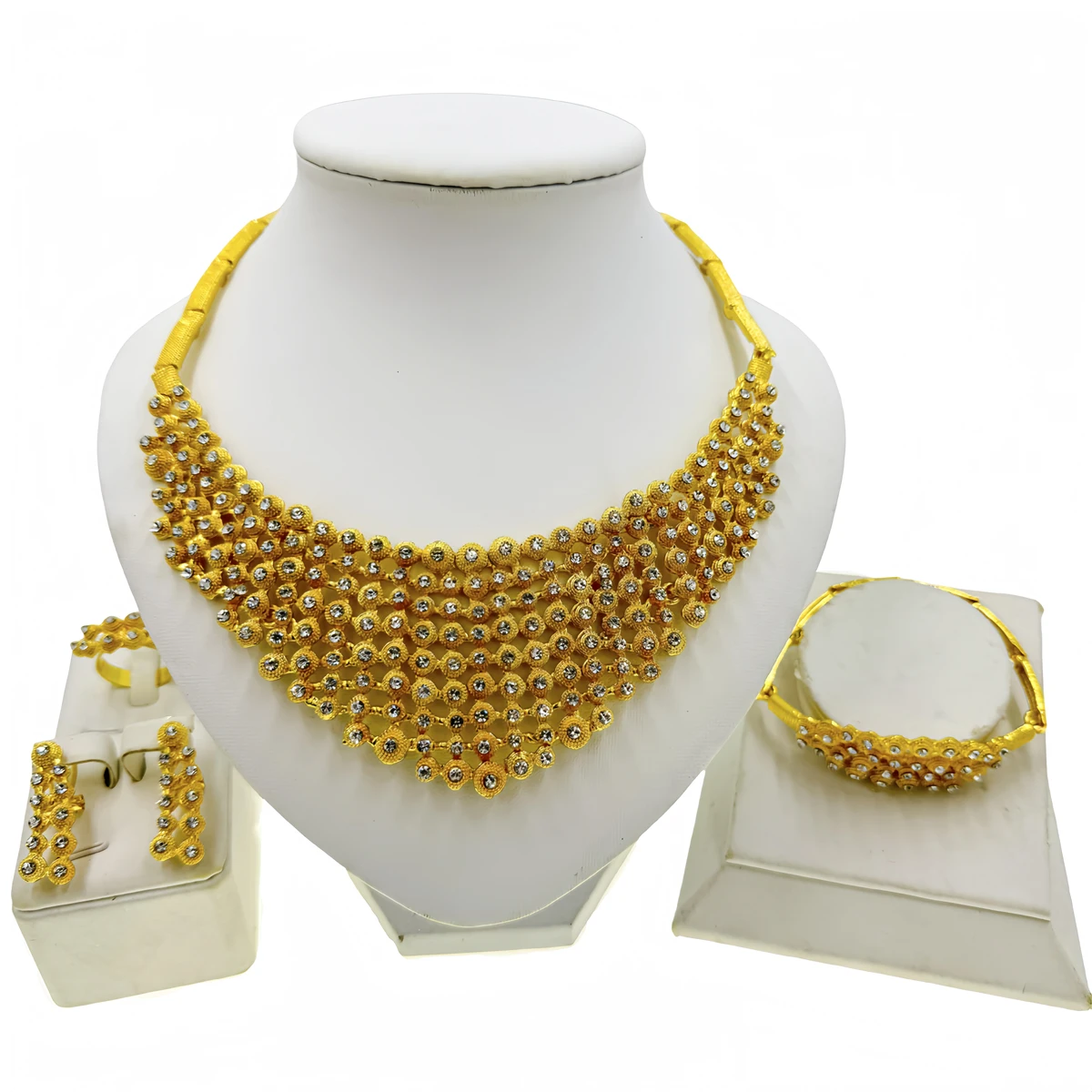 

Bride Jewelry Sets for Women Full Collares Crystal Bib Statement Necklaces Earrings Gold Plated Bracelets Ring Accessories Gift