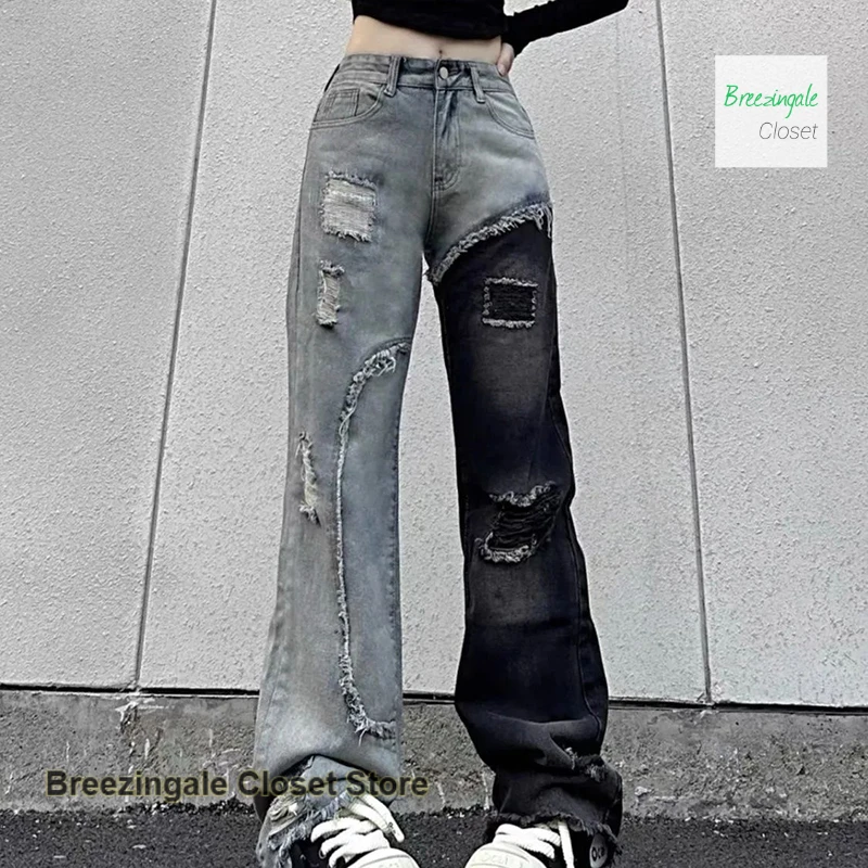 Retro-Nähte Jeans im amerikanischen Stil mit Löchern in Kontrastfarbe, gerade Damen-Herbst- und Wintermode-High-Street-Hosen