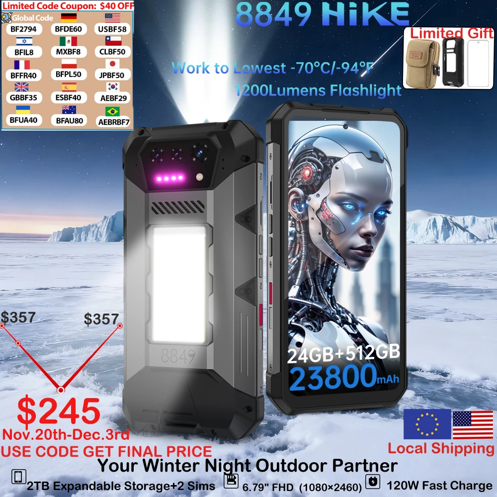 

8849 Hike Unihertz Rugged Smartphone 23800mAh 24GB+512GB Expandable 2TB 1200Lumen Flashlight Android14 Two Speakers 6.79'' 120Hz