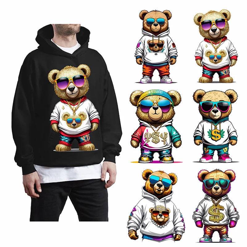 Casual Cute Money Bear DTF Iron Sticker Patch For Clothing Hoodie DIY T-shirt Jacket Heat Transfer Sticker Waterproof