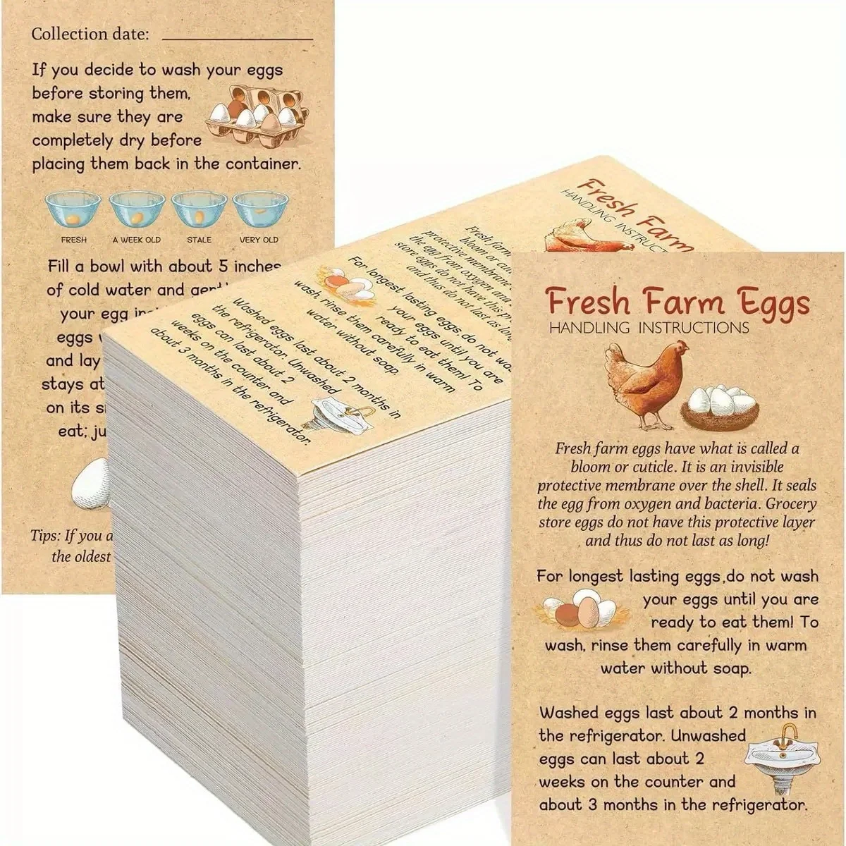 200 pcs Fresh Farm Eggs Instruction Cards Double Sided Packaging Inserts for Egg Cartons Handling Storage Guide Cards