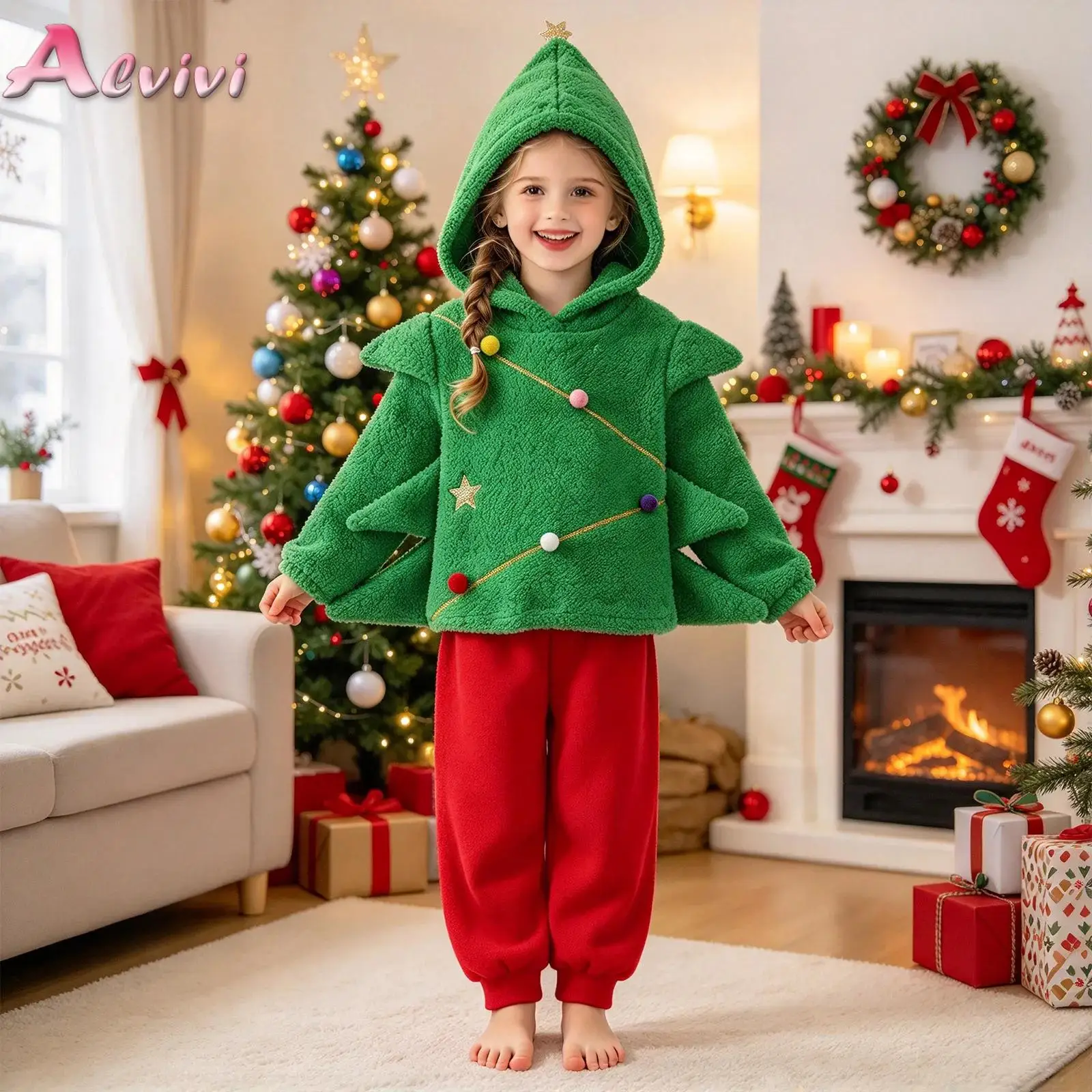 Kids Girls Boys Christmas Tree Shaped Fleece Outfit Long Sleeve Pom-pom Gold Star Hoodie+Pants for Xmas Party Holiday Activity