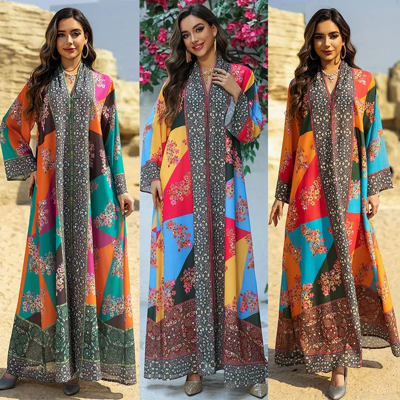 2025 New Middle East Abaya Dress Floral Print Rhinestone Long Robe