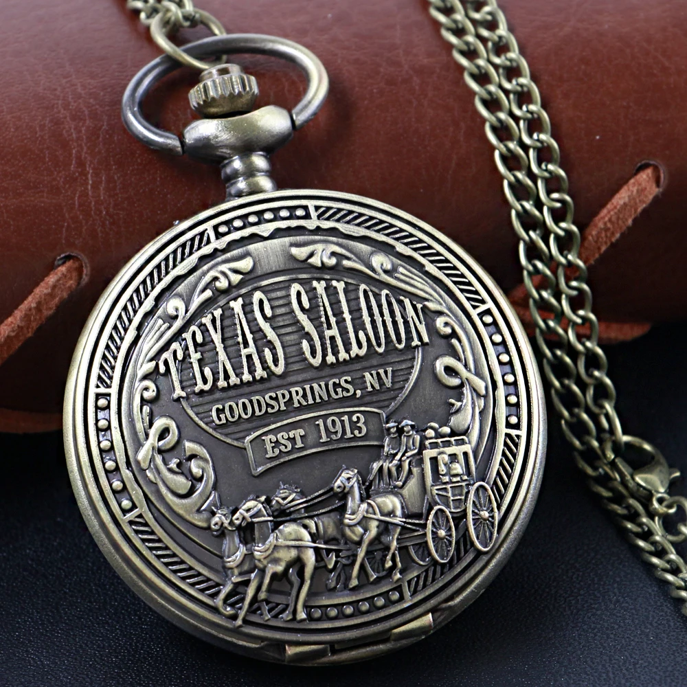 1913 Western Denim Vintage Classic Quartz Pocket Watch Bronze Pendant Necklace Chain Universal Fob Watch for Boys and Girls