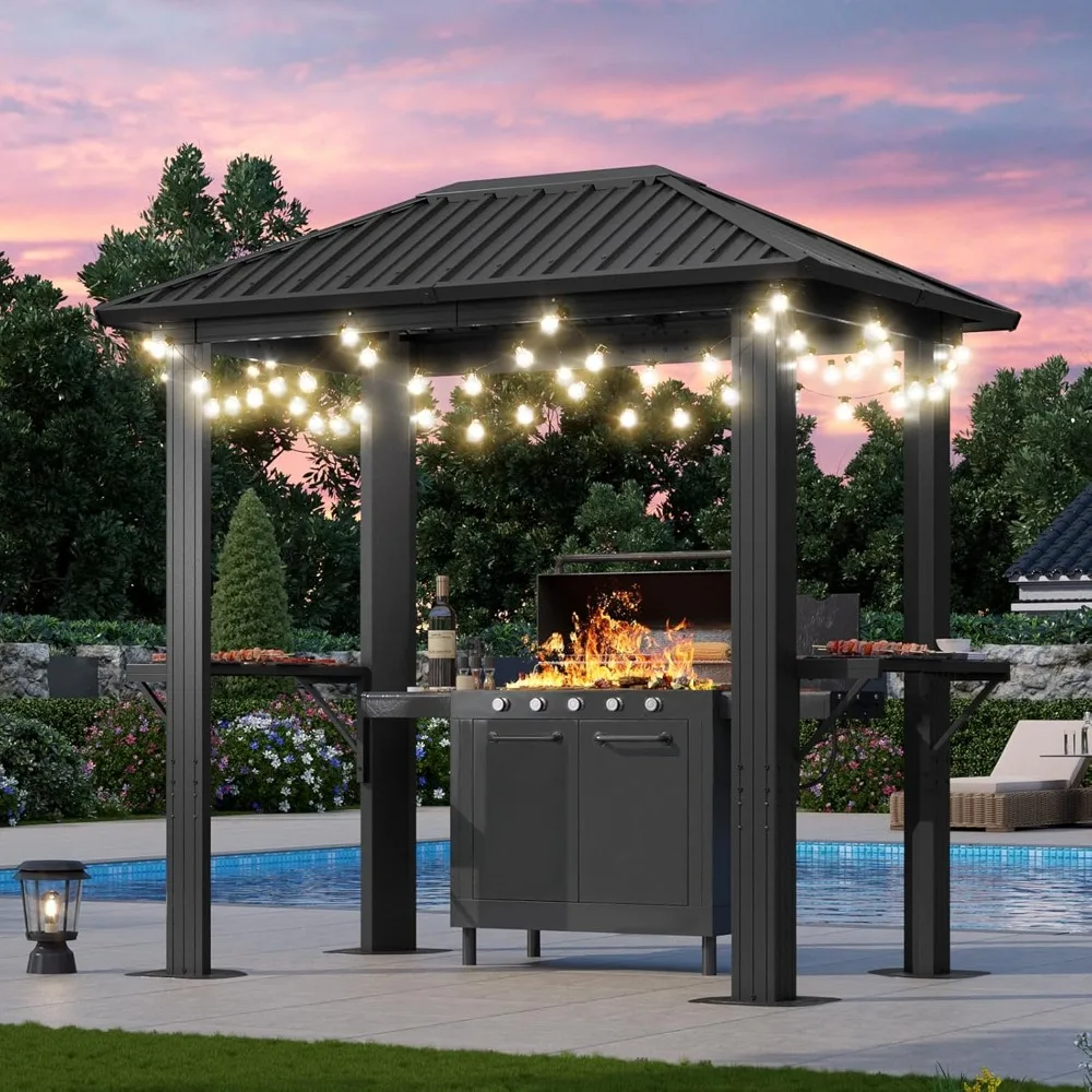 Grill Hardtop Gazebo 5 x 8 FT, Outdoor Metal Hard Top Gazebo with Aluminum Pavilion with Shelves, and LED Outdoor Hanging Lights