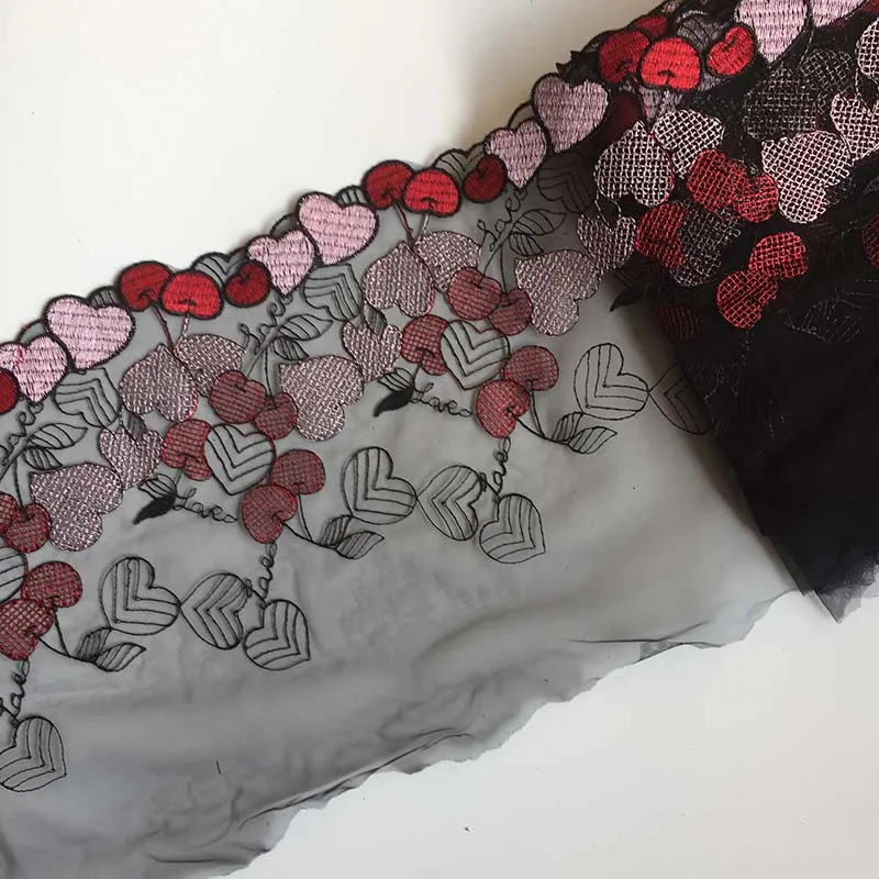 

20Yards Heart Cherry Embroidered Lace Fabric Black Mesh Bra Wedding Dress Lingerie Sewing Underwear Trimmings DIY