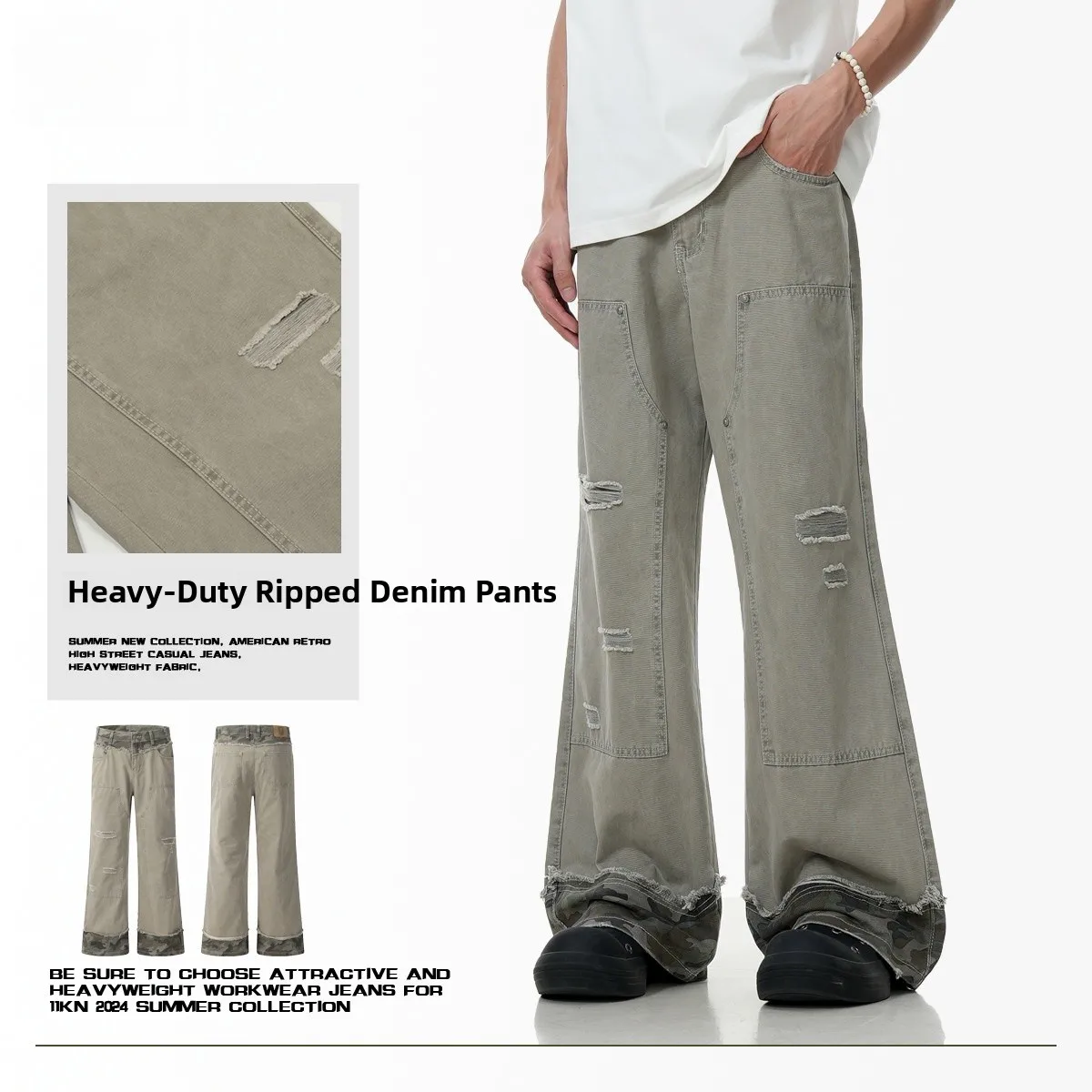 

American Sle Retro Hole Ripped Camouflage Patchwork Straight Leg Jeans Slim Wide Leg Long Trousers Trendy Cotton Material