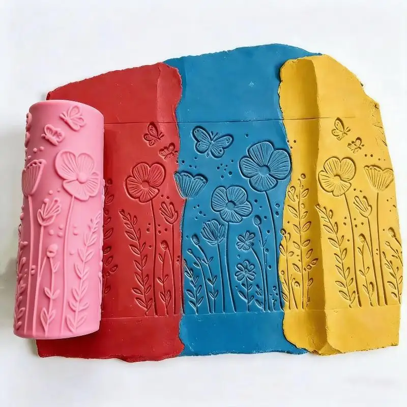 Rouleau en argile polymère à texture florale papillon, outil de moulage sans couture en céramique pour la création de moules DIY