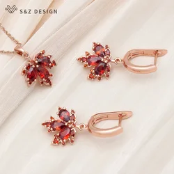 S&Z DESIGN New Fashion 585 Rose Gold Color Red Maple Leaf Zirconia Dangle Earrings Jewelry Sets For Women Wedding Necklace