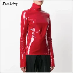 Women Long Sleeve Turtleneck Pullovers Black Red Leather T-shirts Tops Fashion Slim PU Patent Faux Leather Clothing Custom 2021