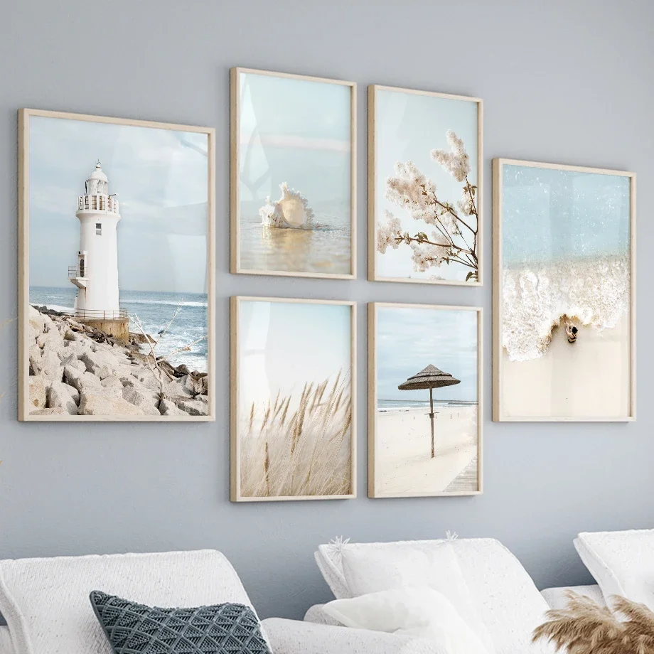 

Sea Beach Lighthouse Wave Flowers Reed Plant Nordic Wall Art Canvas Painting Posters And Prints Pictures For Living Room Decor