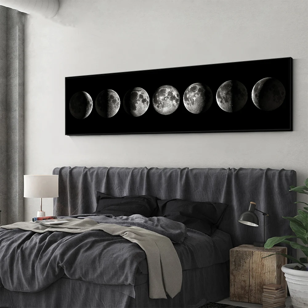 

Modern Black White Moon Phases Canvas Painting Abstract Lunar Cycle Poster Bedroom Living Room Hotel Room Wall Art Decoratin