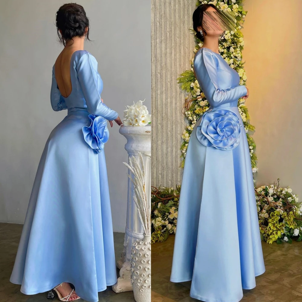 تخصيص أنيقة طويلة الأكمام الساتان فستان الحفلة الراقصة سويب تراين ثلاثية الأبعاد الزهور رداء حفلات مزاجه عارية الذراعين س الرقبة مساء اللباس