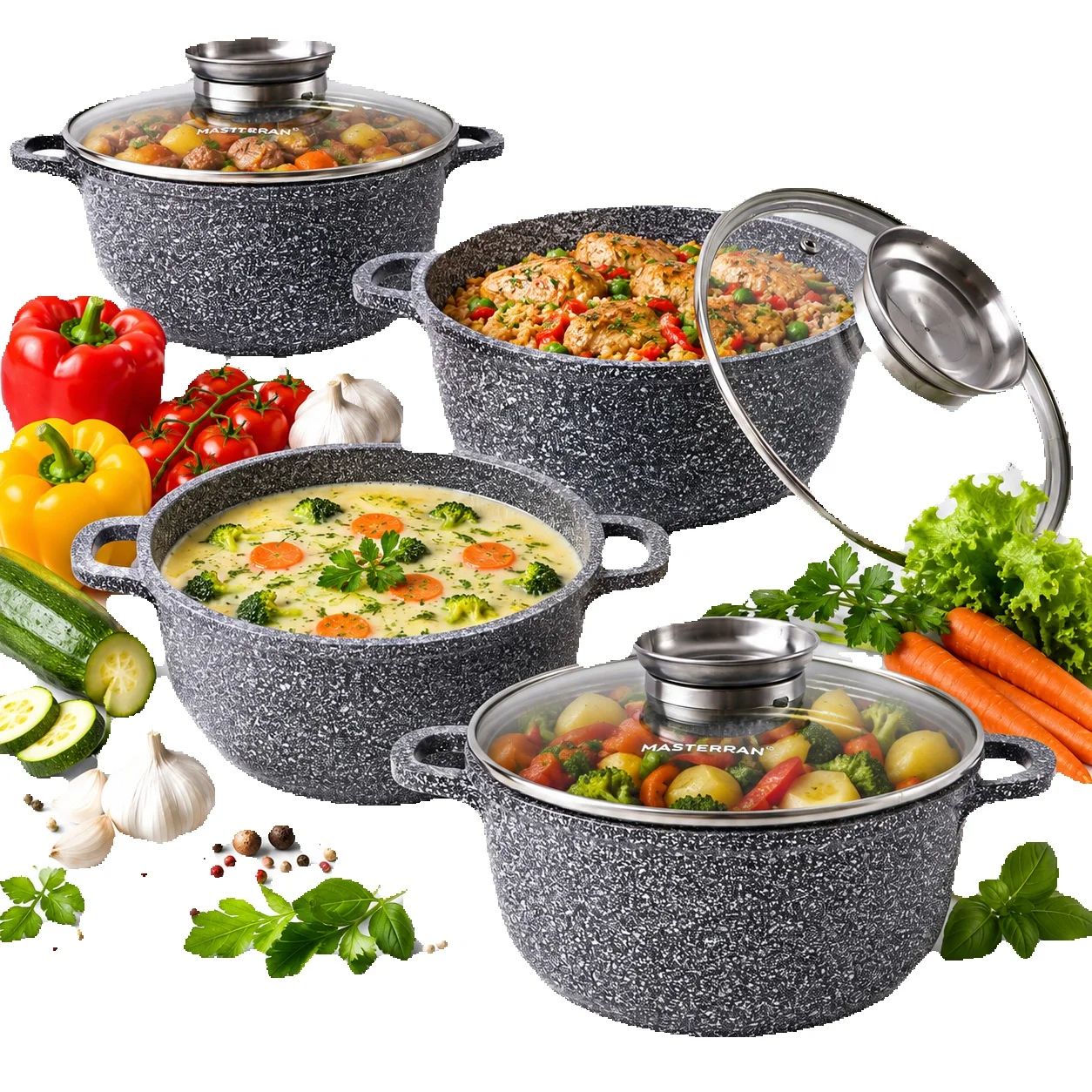 Ensemble d'ustensiles de cuisine |   avec un revêtement marbré |   pots de 1,5/2,5/4,5/6,8 litres de capacité |   poignées en silicone |   avec couvercles |   revêtement antiadhésif |   compatible avec les cuisinières à induction |   parfait comme cadeau |   Compatible avec tous les types de cuisinières |   MP2150