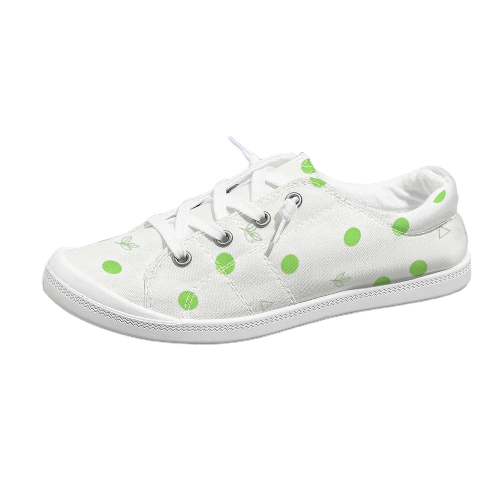 Zapatos casuales de mujer con base blanca, estampado de lunares verdes y hojas, de caña baja, con cordones, suela suave y transpirable para caminar a diario.