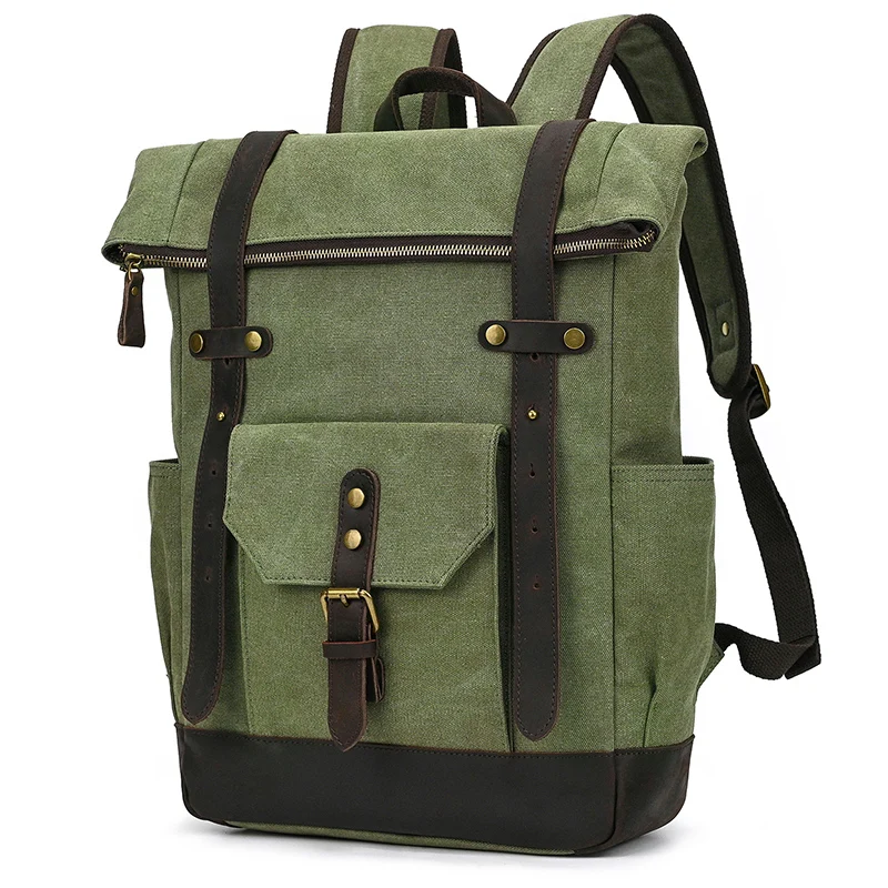 High Quality Leather Canvas Backpack Crazy Horse Leather Backpack For Mens Big Capacity Travel Bag Laptop Backpacks Army Green