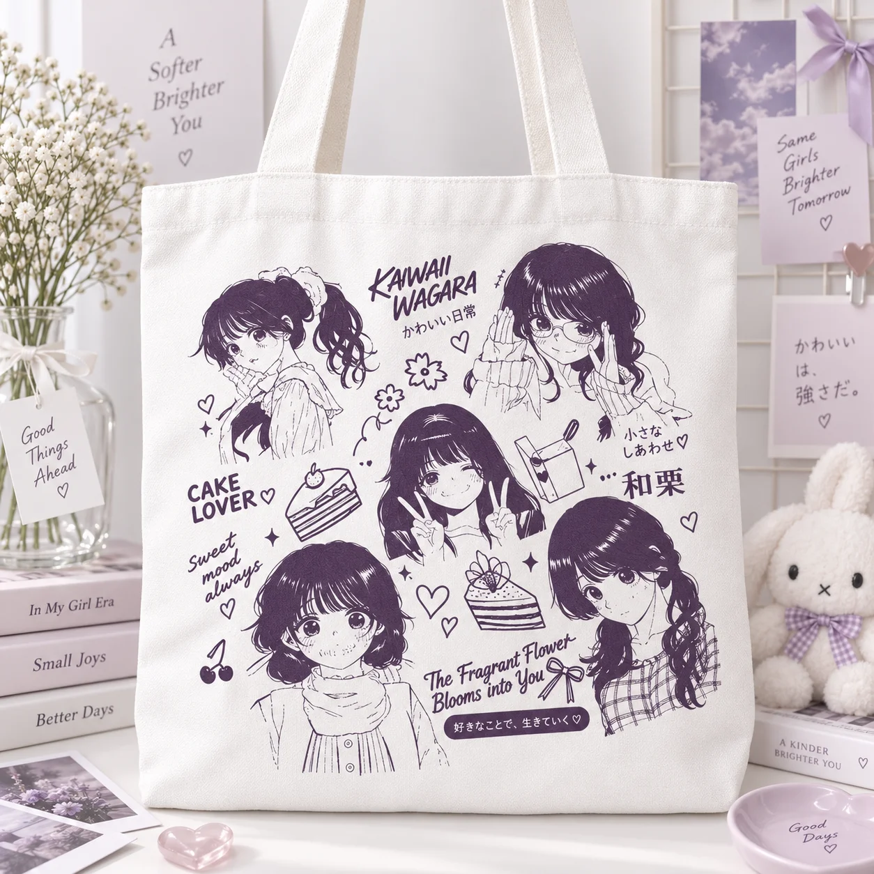 Cute Japanese Style Canvas Tote Bag, Purple Sketch Manga Girls Collection Dessert Floral Print Large Capacity Shopping Bag