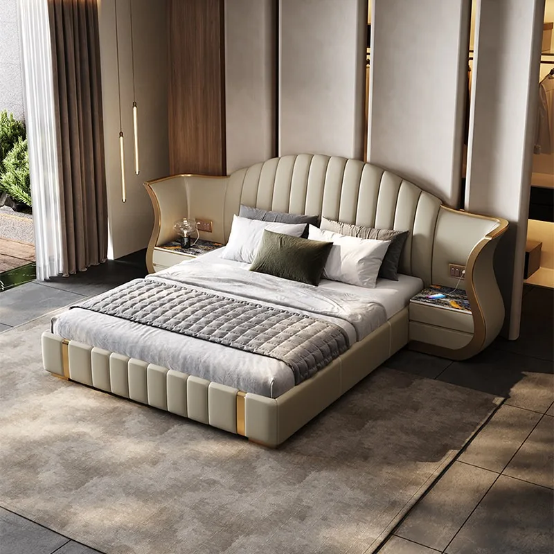 #Luxury Upholstered Bed King Queen Size Curved Wing Headboard Vertical Channel Tufted Gold Stainless Steel Leg Bedroom Furniture