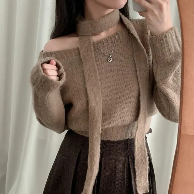 Damen Off-Shoulder Neckholder Pullover Langarm Strickoberteil Locker Vielseitig Casual Büro Straßen Alltagskleidung Strickwaren