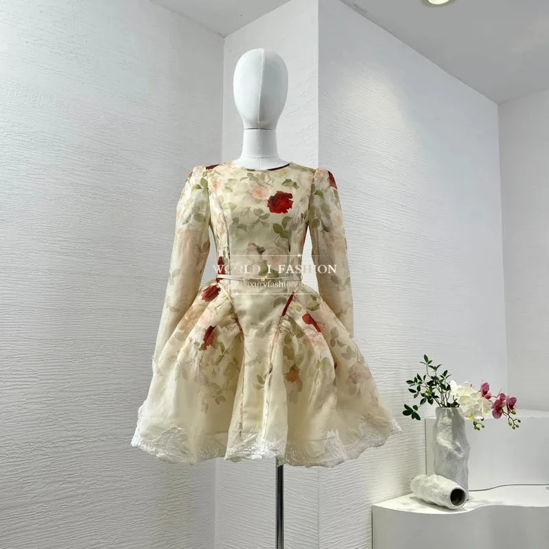 린넨 실크 고품질 베이지 로즈 플로럴 프린트 롱 슬리브 미니 드레스 2025 신상품