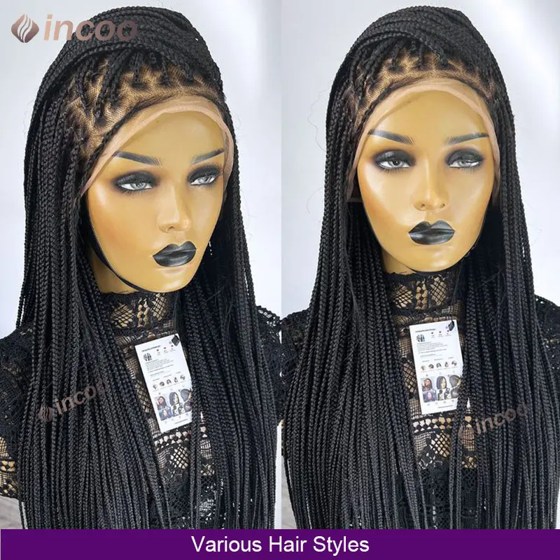 Incoo kotak tanpa simpul Wig kepang sintetis 36 inci Wig renda penuh transparan renda dewi Locs Cornrow Wig renda depan