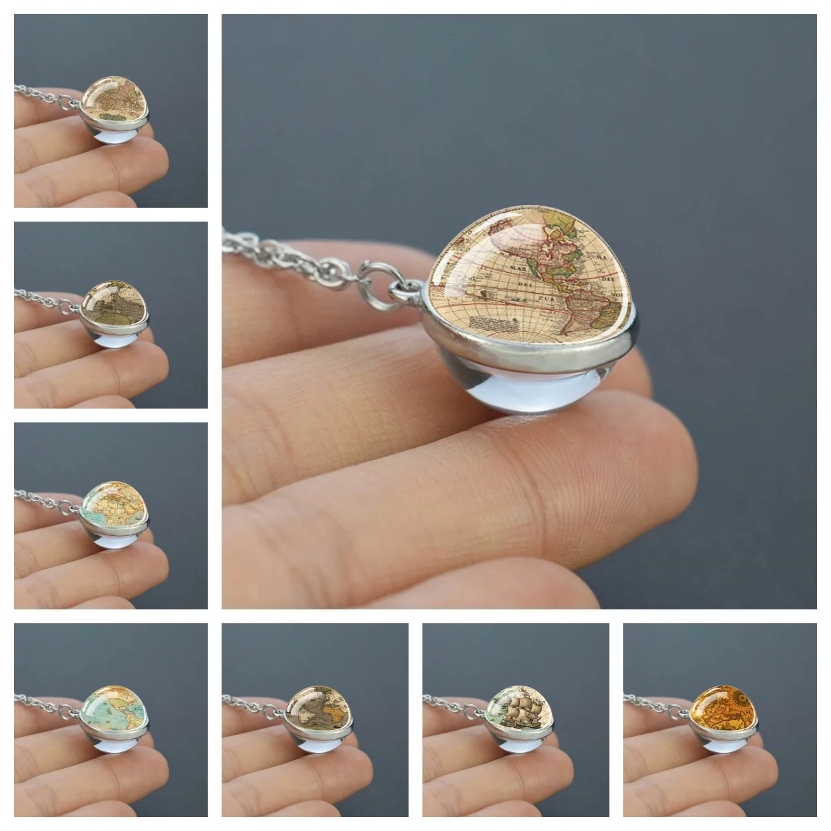 Collier pendentif boule de verre double face, série Map, alliage JOJewelry, cadeau exquis pour les amateurs de géographie