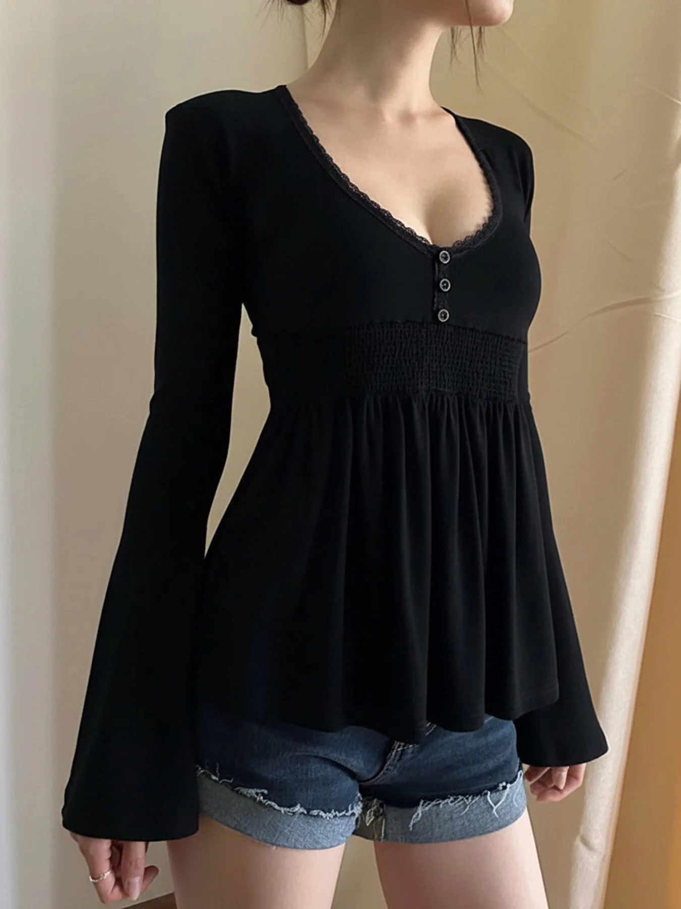 HOUZHOU Women Solid Color Lace Trim T-shirts Black Pink Smocked Waist Long Sleeve Peplum Top Blouse Y2k Casual Slim Fit Blouse
