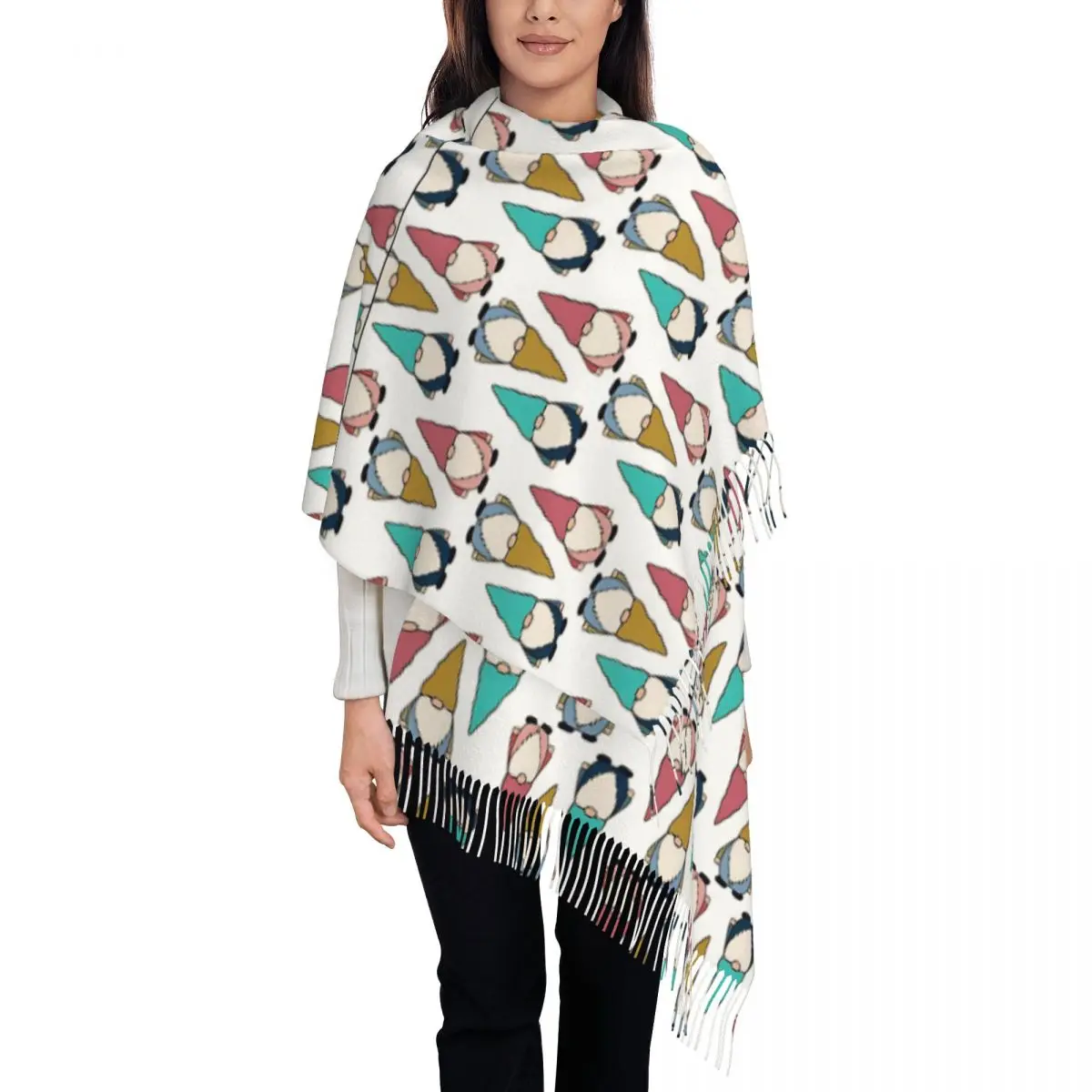 Garden Gnome Pack And Pattern Shawl Wrap for Ladies Winter Warm Large Long Scarf Christmas Pattern Pashmina Tassel Scarves