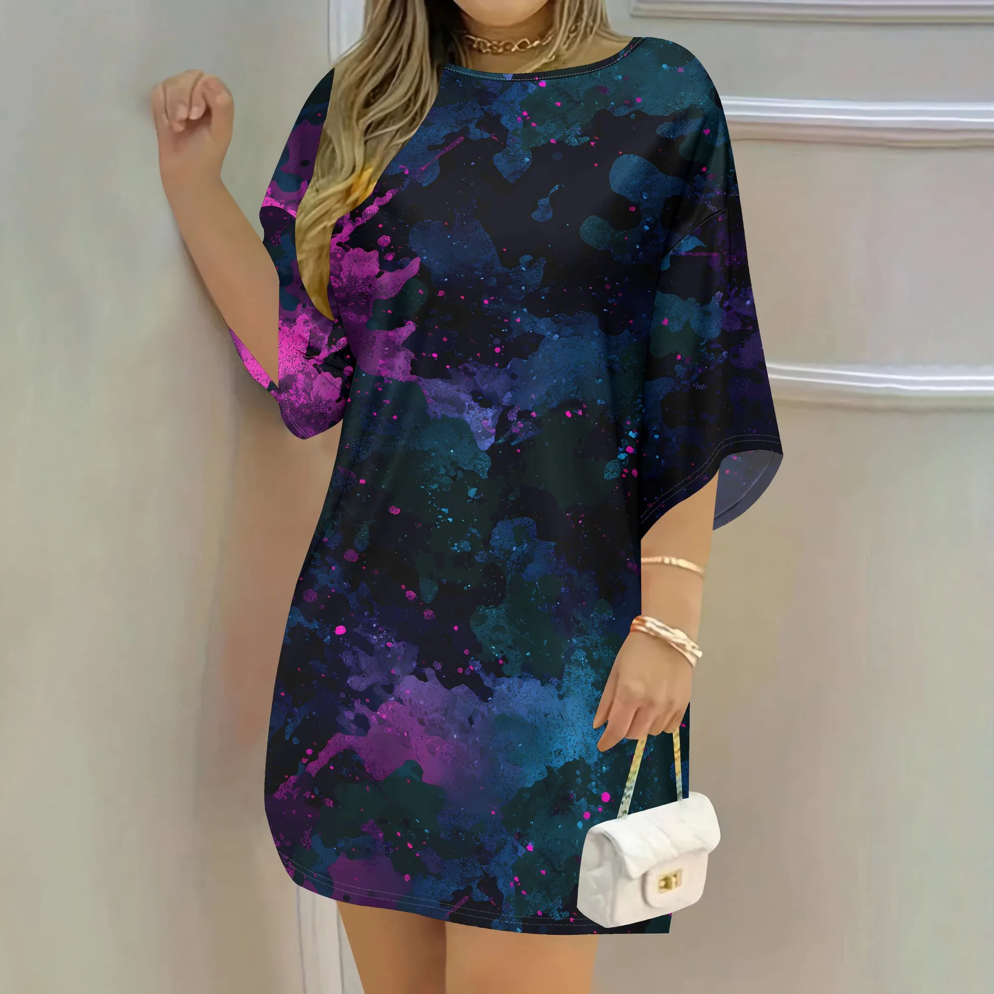 Galaxy Print Dress, Abstract Splatter Pattern Tunic, Colorful Space Nebula Top, Short Sleeve Shift Mini Dress for Women, XS-3XL