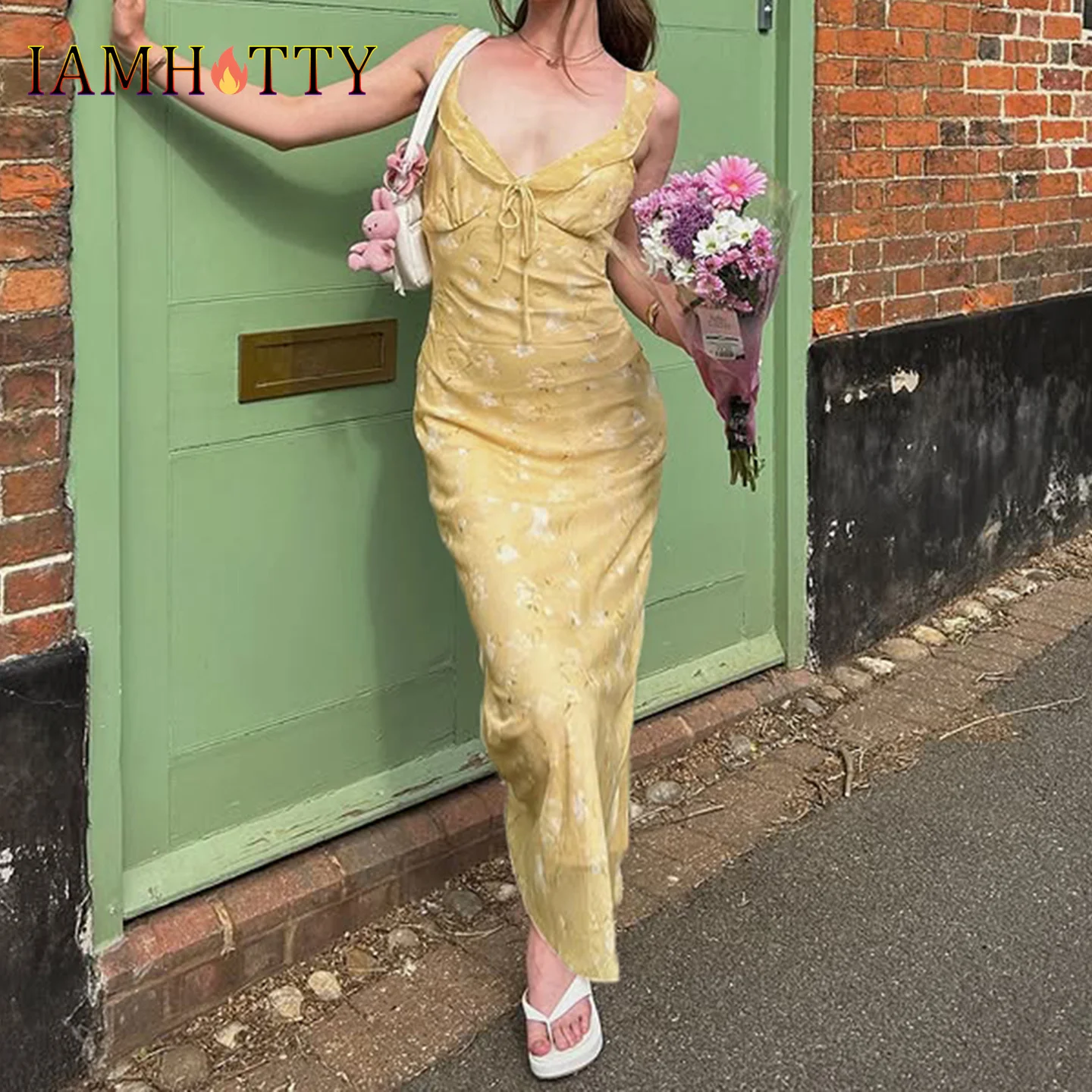 

IAMHOTTY Floral Print Straight Long Dress Boho Aesthetic Ruffle V-neck A-line Mesh Patchwork Dresses for Holiday Outfits Retro