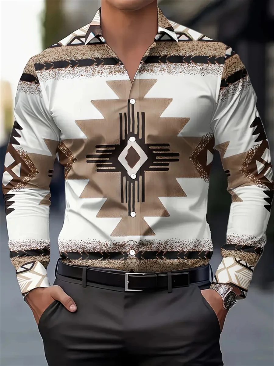 

2025 new men's retro fashion classic shirt four seasons must-have casual lapel button shirt men's ethnic style printed shirt